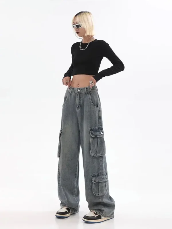 American Retro Wide Leg Jeans for Women Loose Cargo Style