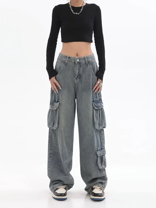 American Retro Wide Leg Jeans for Women Loose Cargo Style