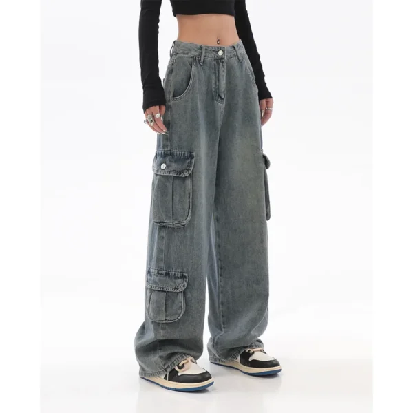 American Retro Wide Leg Jeans for Women Loose Cargo Style